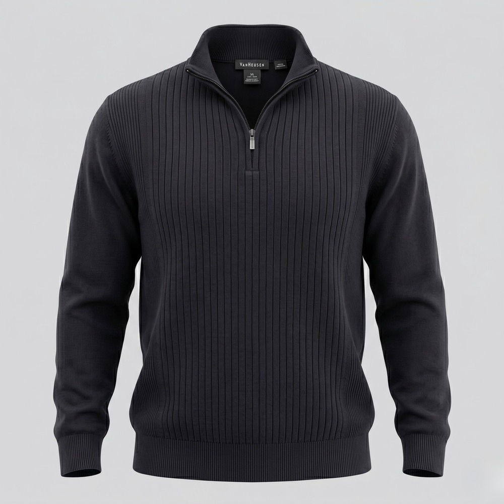 Van Heusen Sweater Mens XL Black Quarter Zip Pullover 100% Cotton Ribbed Knit